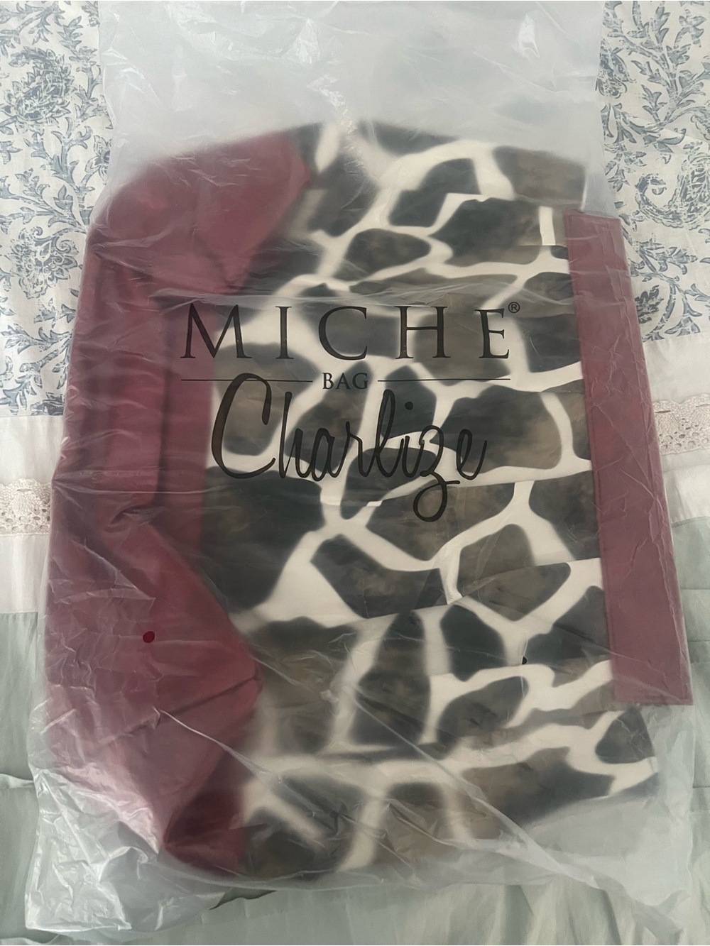 Miche Charlize Shell - Black & White Giraffe Print with Burgundy Trim